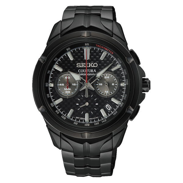Black Seiko Coutura chronograph wristwatch with a metal bracelet.