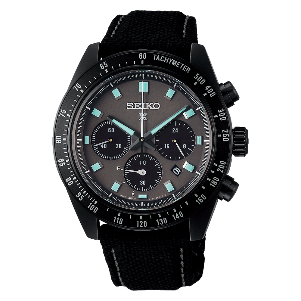 Black Seiko chronograph wristwatch with a tachymeter bezel and luminous markers.