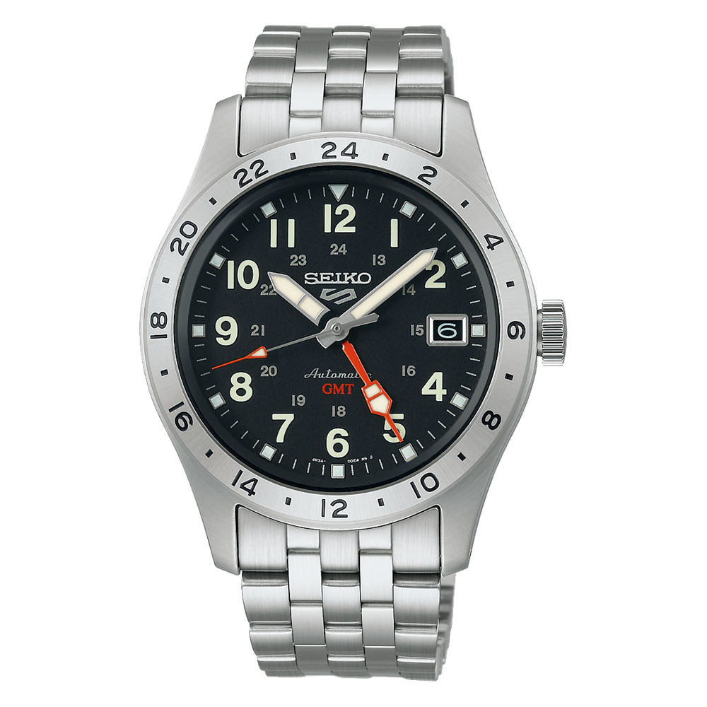 Stainless steel Seiko wristwatch with a black dial and 24-hour bezel.