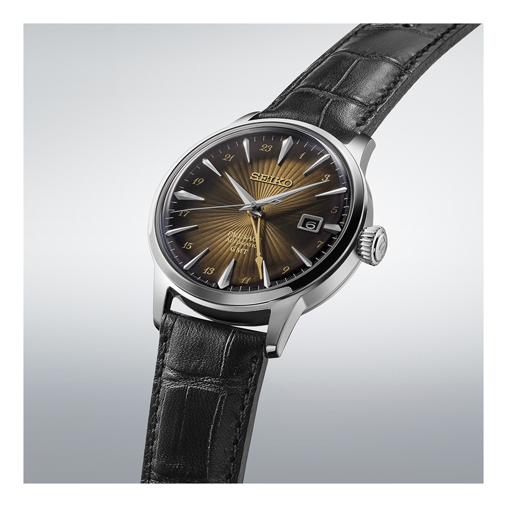 Seiko Presage GMT Brown Leather Watch Inspired by Cocktails SSK039J