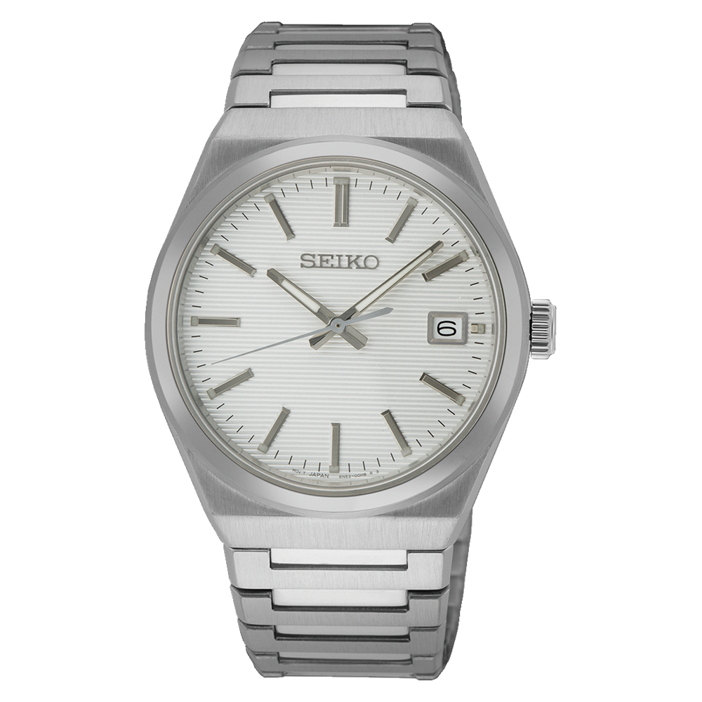 Stainless steel Seiko wristwatch with a white dial and date display.