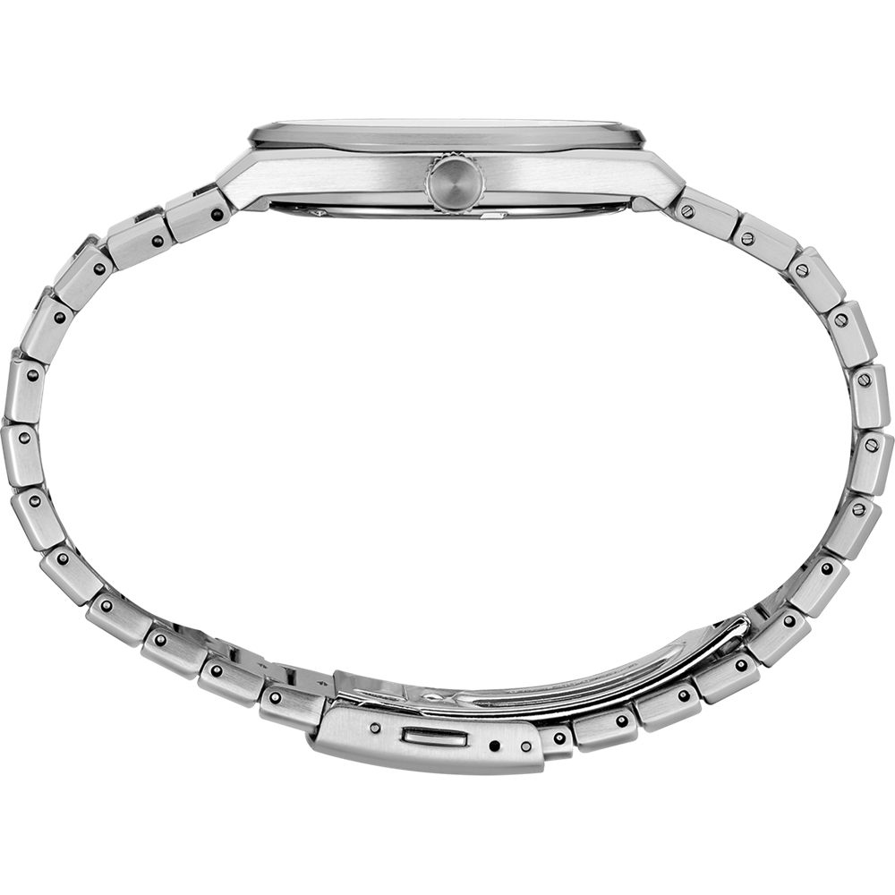 Silver wristwatch with a metal link bracelet and round face.