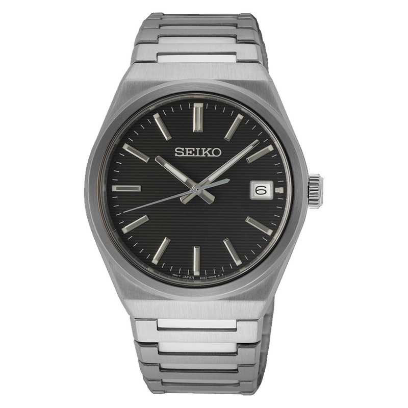 Seiko wristwatch with a black dial and silver metal bracelet.