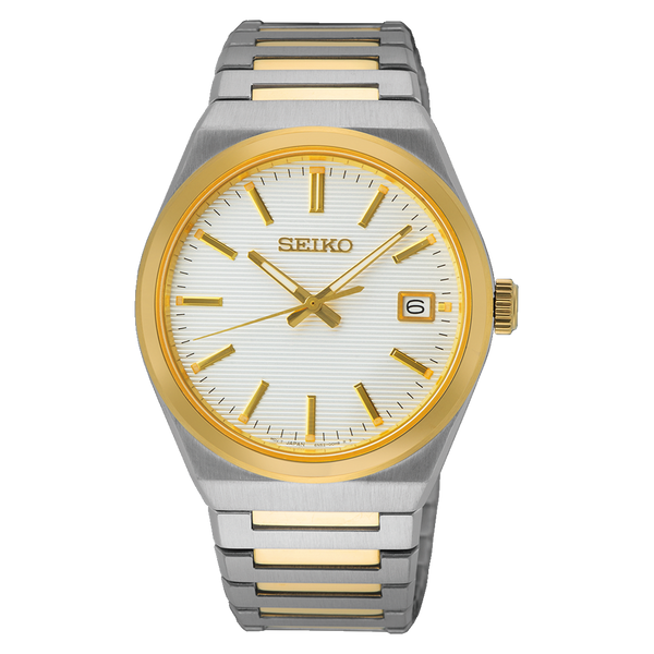 Seiko wristwatch with a two-tone silver and gold metal bracelet and round face.
