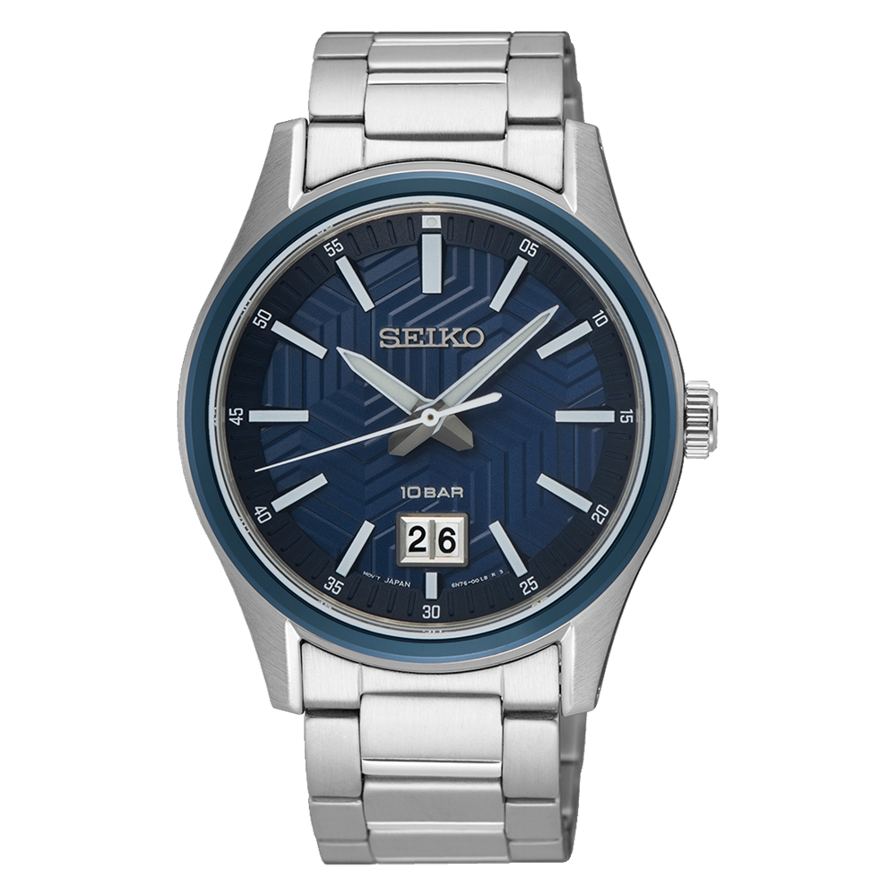 Seiko wristwatch with a blue dial and silver metal bracelet.