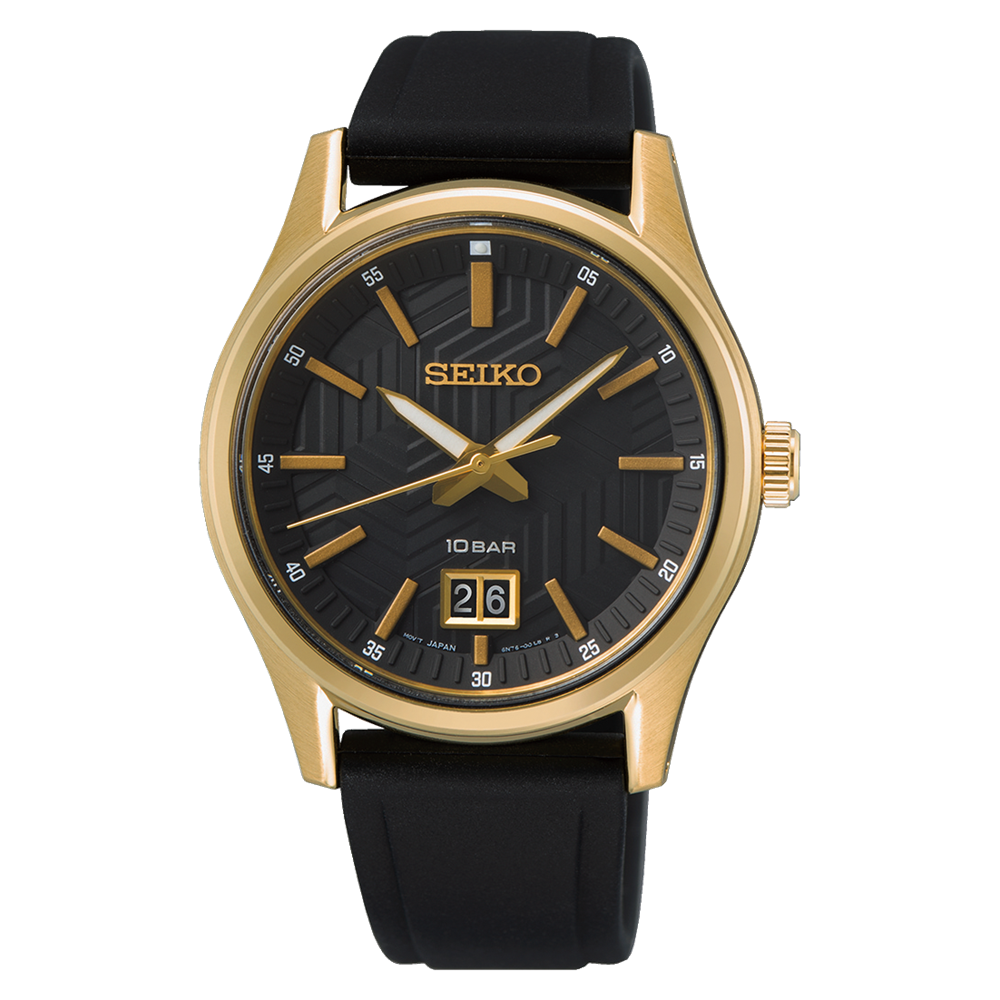 Gold-toned Seiko wristwatch with a black dial and leather strap.