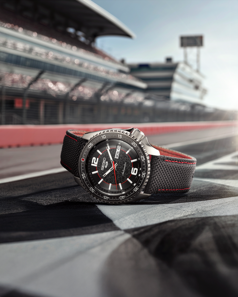 Seiko Supercars Limited Edition SRPL54K watch face with textured asphalt-inspired dial