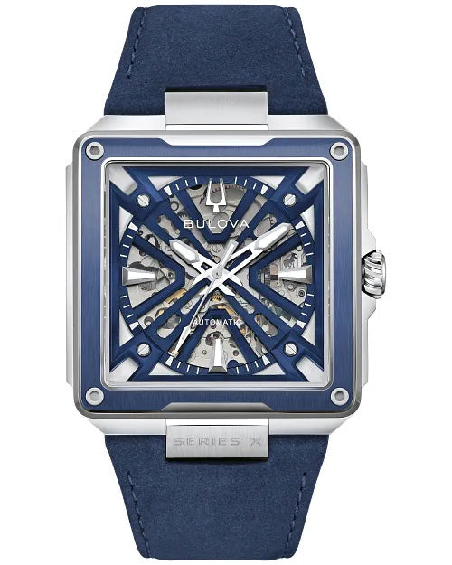 Bulova Series X 98A342 automatic men's watch with slate blue skeleton dial, blue bezel insert and blue suede strap — front view