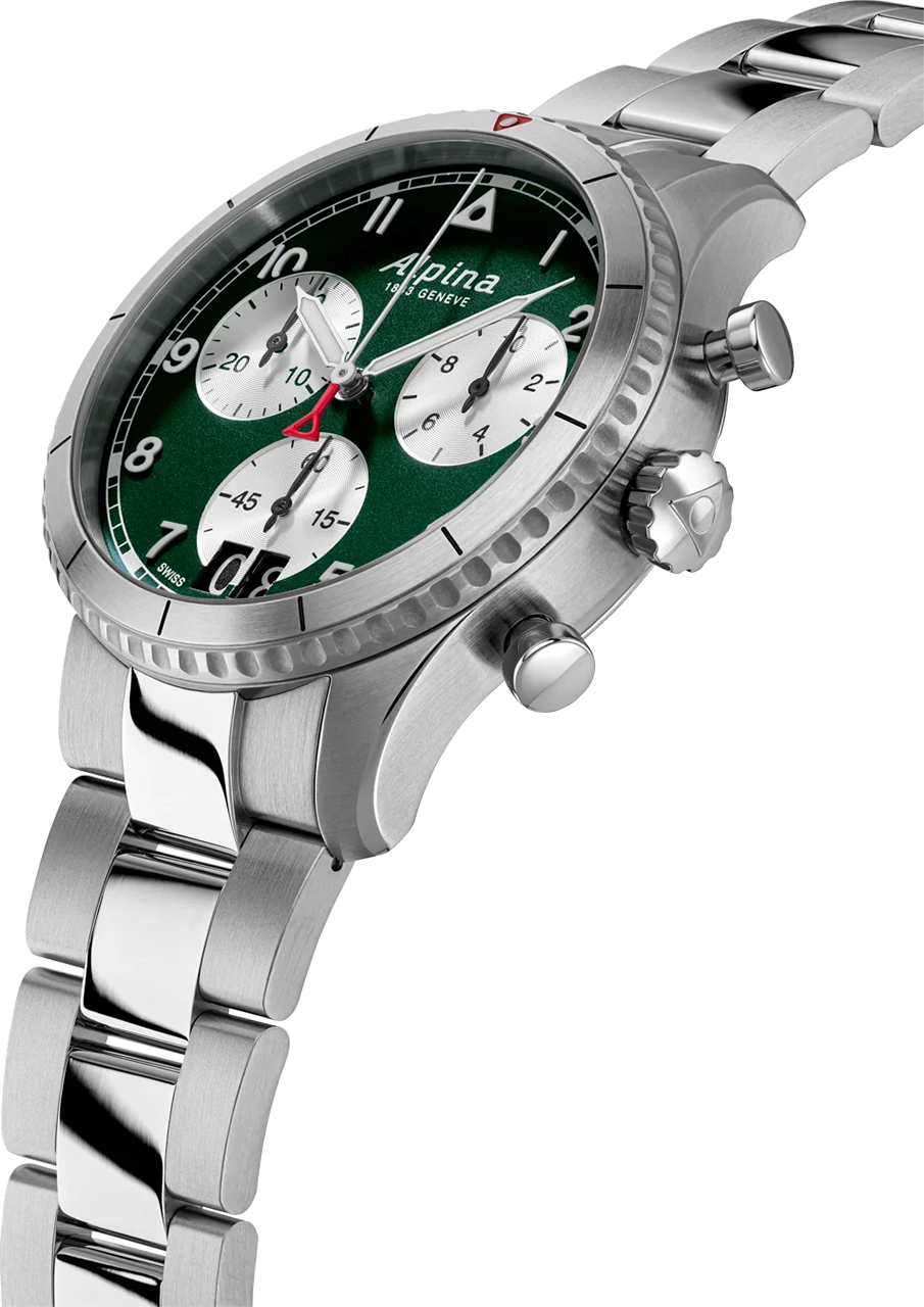 Luxury chronograph wristwatch with a green dial and silver metal bracelet.