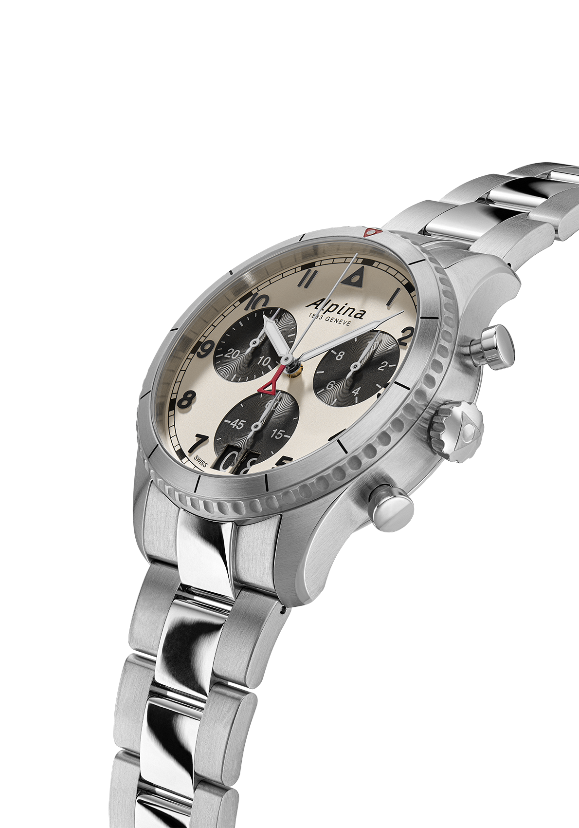 Stainless steel chronograph wristwatch with a silver dial and three subdials.