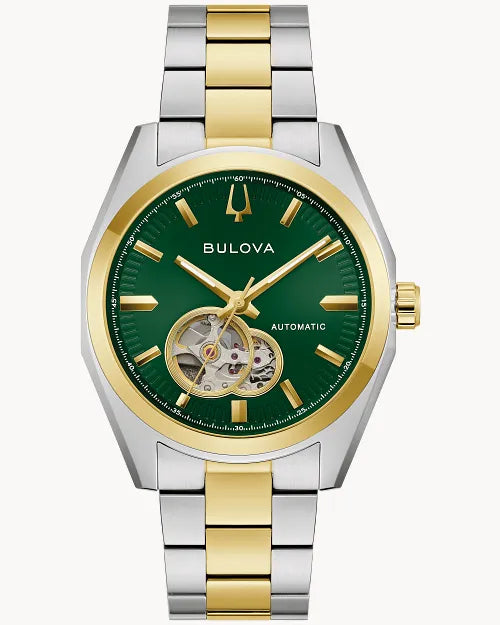 Bulova Surveyor 98A338 automatic men's watch with green open-heart dial and two-tone stainless steel bracelet — front view