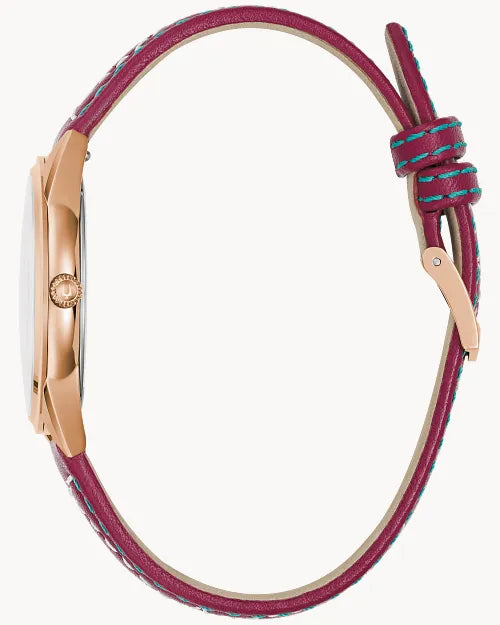 Bulova Sutton 97L204 women's watch with ecru mother-of-pearl dial, rose gold-tone case and rose-red leather strap — angled view