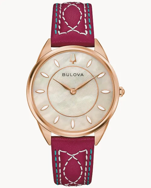 Bulova Sutton 97L204 women's watch with ecru mother-of-pearl dial, rose gold-tone case and rose-red leather strap — front view