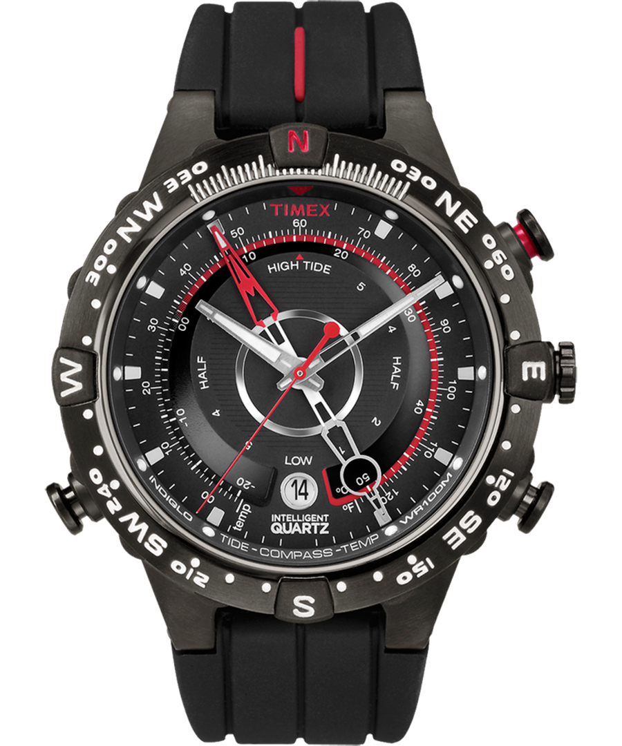 Timex Expedition North Tide Temp Compass Black Rubber Band Watch T2N720 with tide, temp, and compass features.