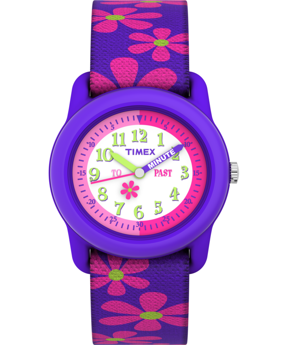 Timex Time Machines T89022 kids watch, white floral dial on a purple elastic fabric strap