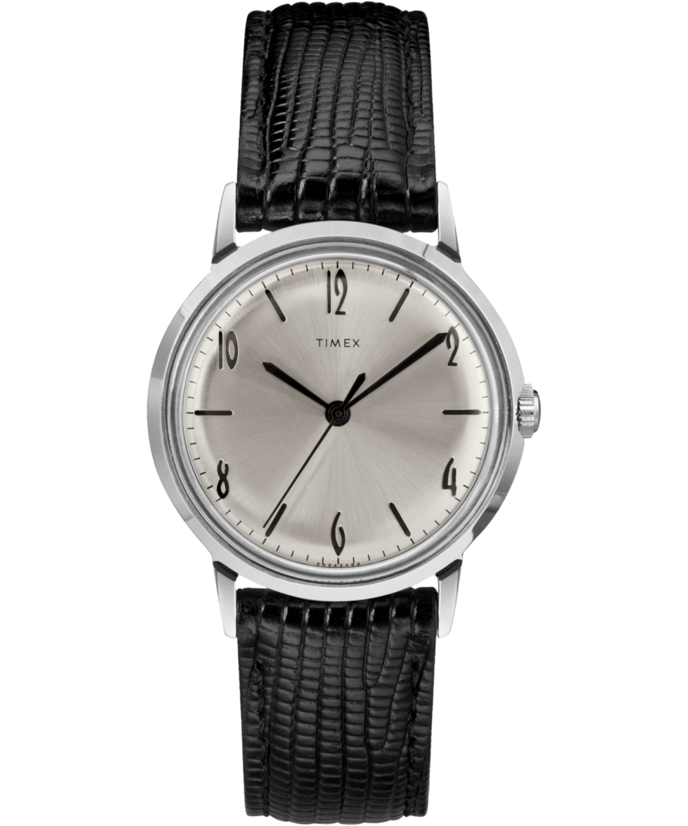 Timex Marlin 1965 Reissue, silver dial, black leather strap