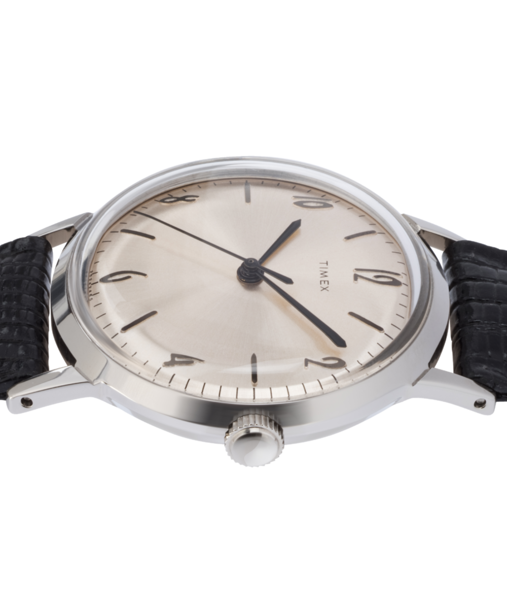 Timex Marlin 1965 Reissue, silver dial, black leather strap