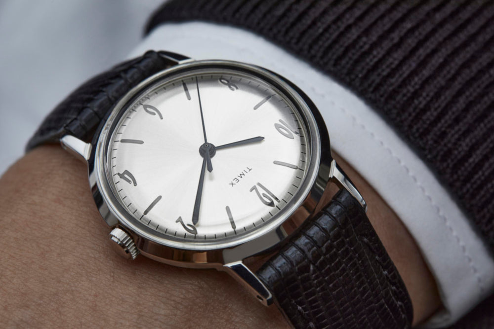 Timex Marlin 1965 Reissue, silver dial, black leather strap