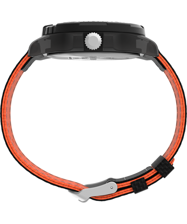 Wristwatch with a black case and orange-and-black striped band.