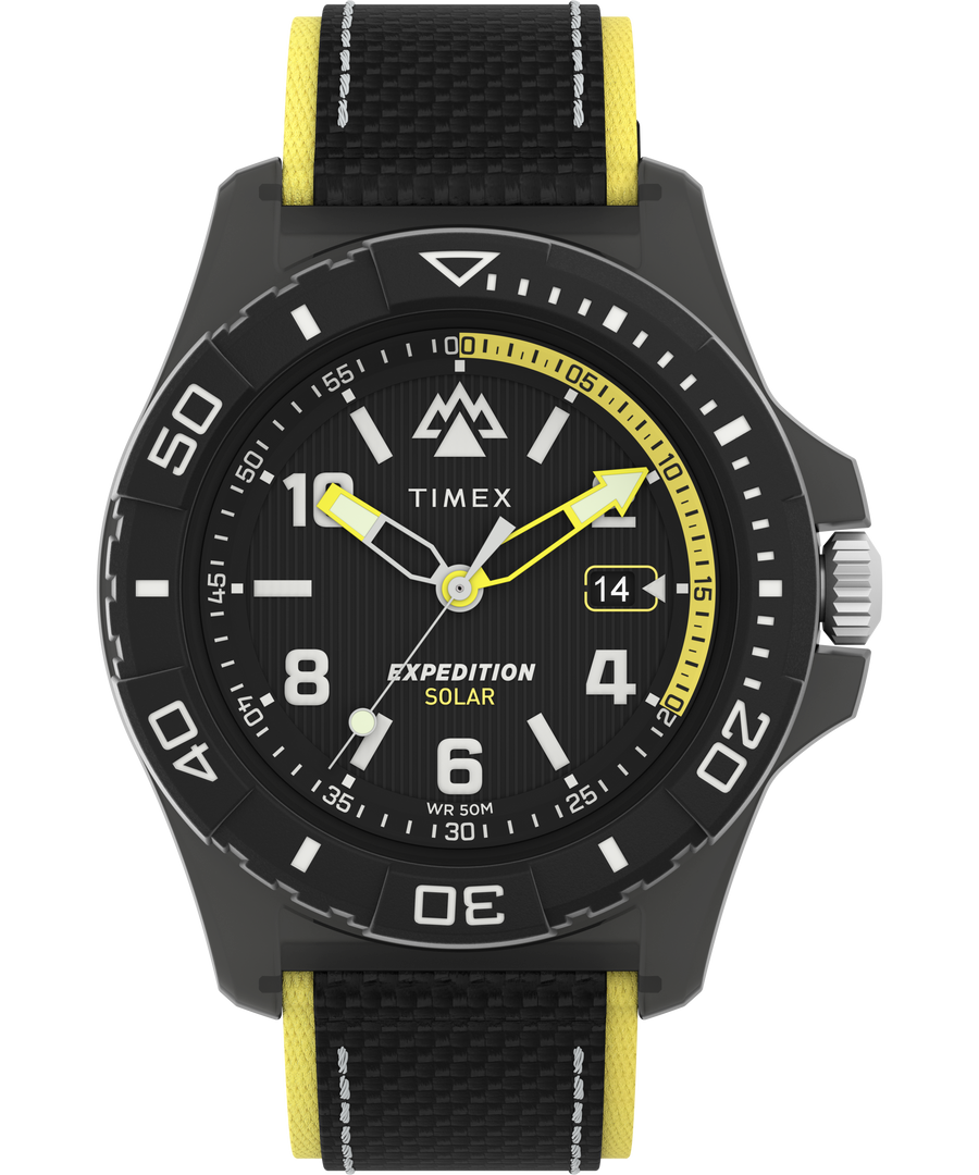 Sporty black wristwatch with yellow accents and a fabric strap.