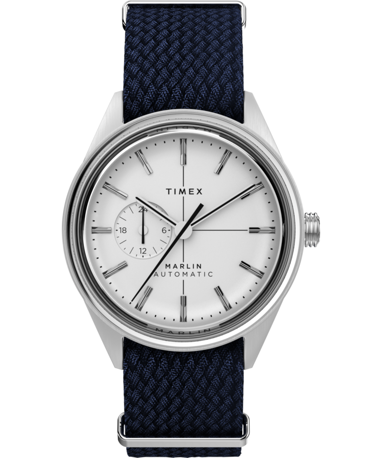 Timex Marlin® Jet Automatic 38mm Fabric Strap Watch TW2V72300 with silver dial and navy woven strap.