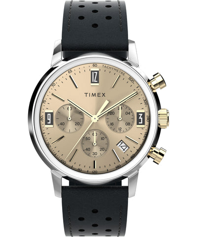 Timex wristwatch with a chronograph dial and perforated black leather strap.