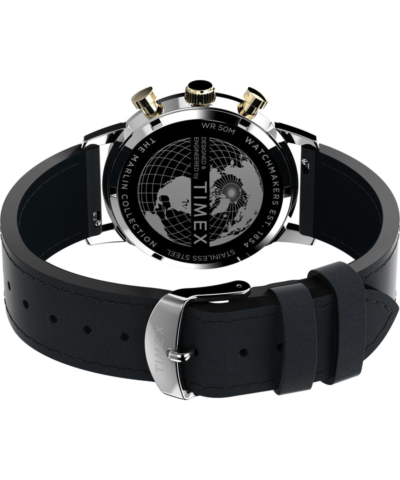 Stylish chronograph wristwatch with a black leather strap and silver-toned case.