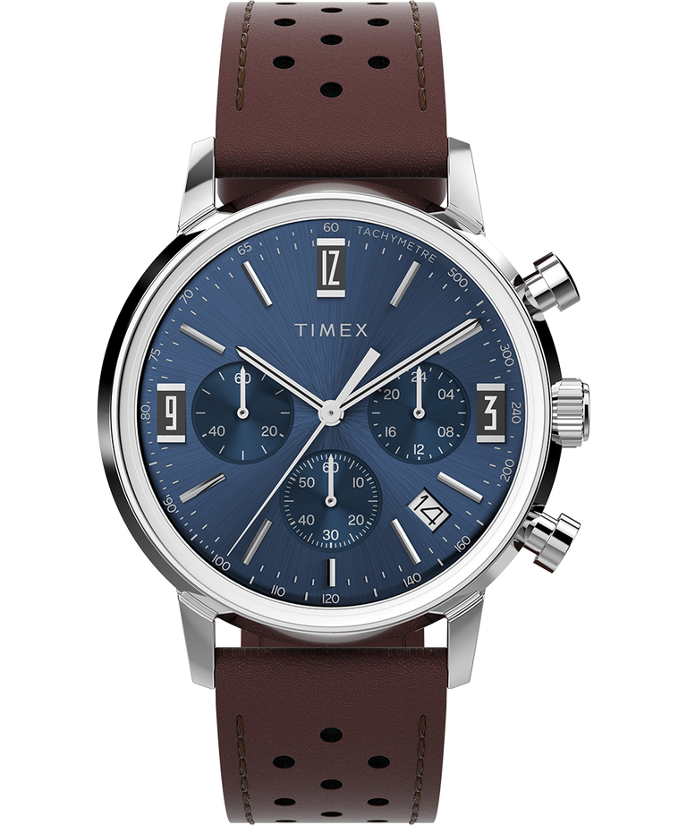 Timex wristwatch with a blue dial, silver case, and brown leather strap.