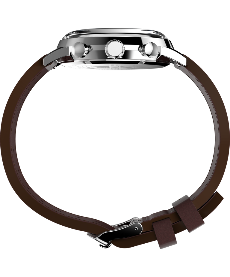 Wristwatch with a silver case and brown leather strap.