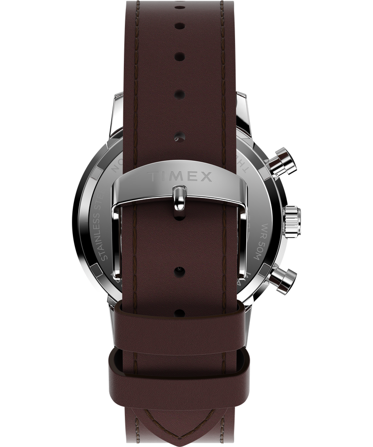 Wristwatch with a brown leather strap and silver-toned metal case.