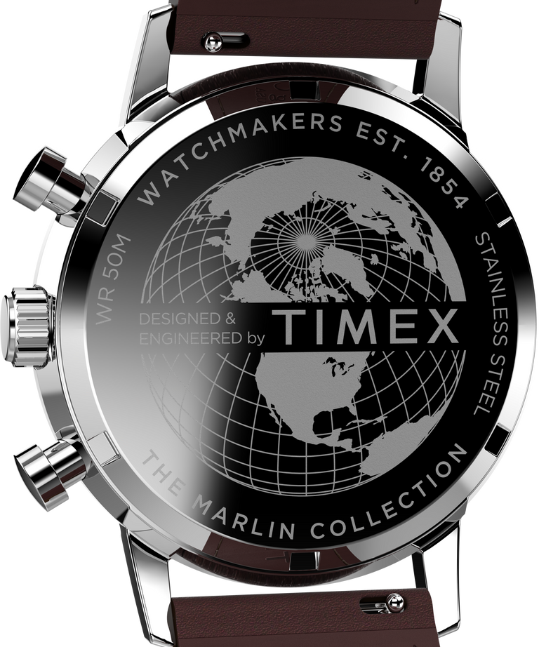 Back of a Timex watch featuring a world map design and the Marlin Collection branding.