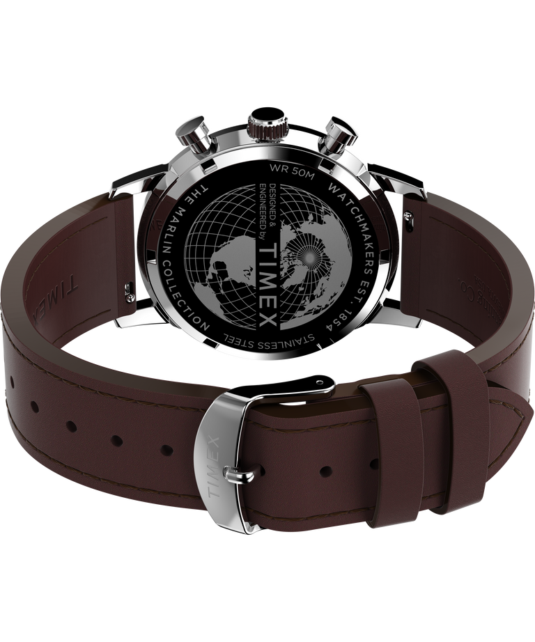 Wristwatch with a brown leather strap and silver chronograph face.