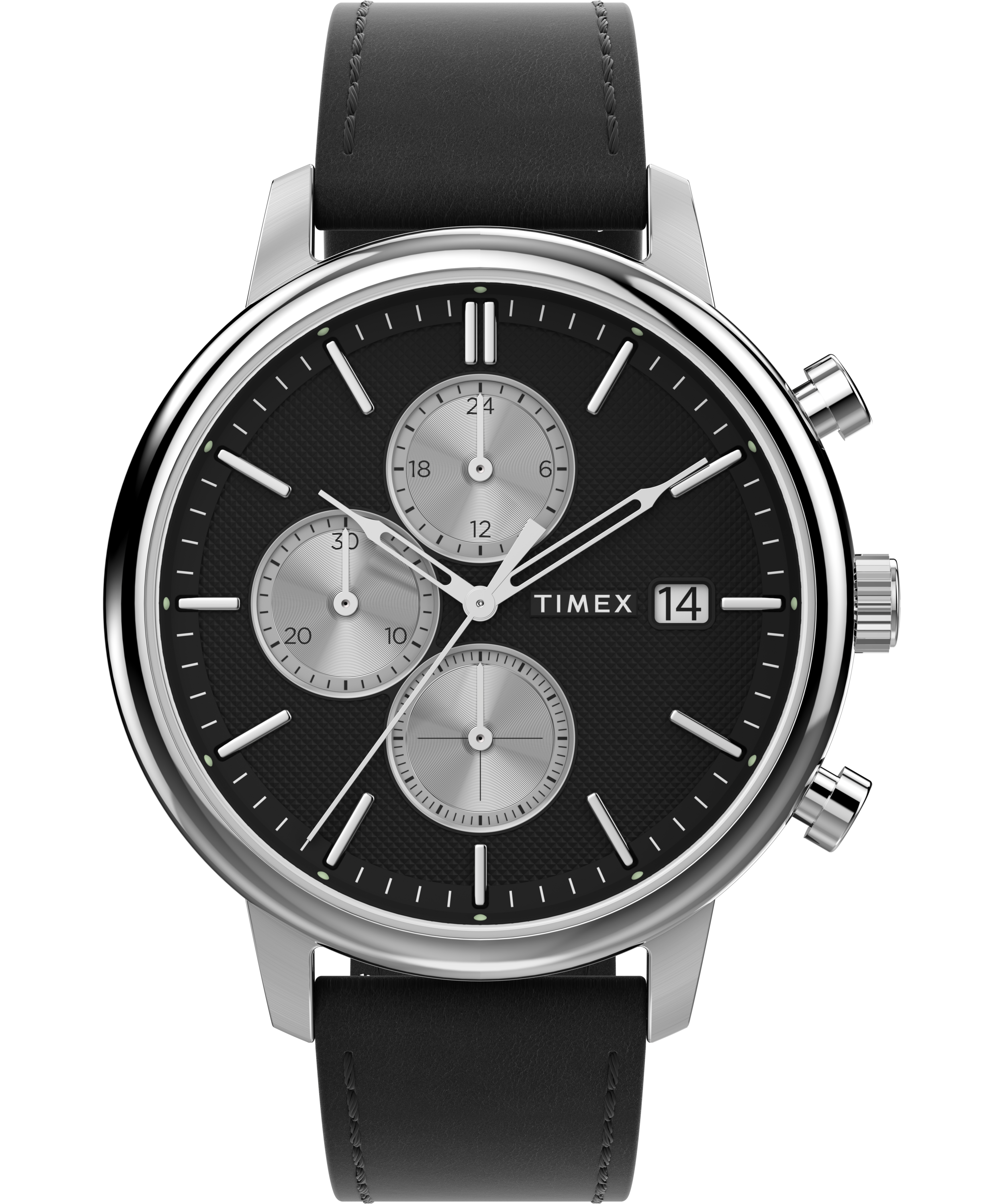 Timex chronograph wristwatch with a black dial and leather strap.