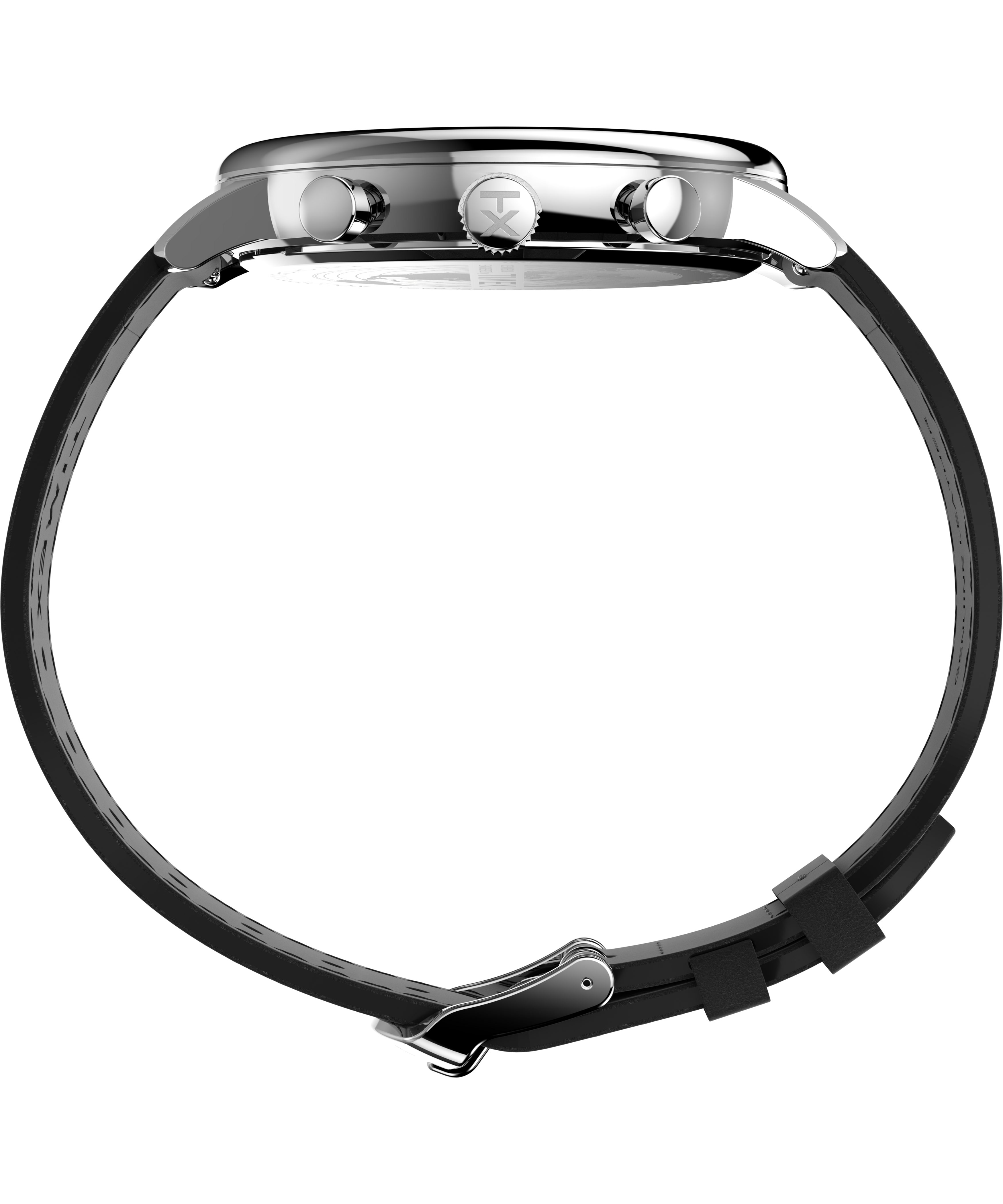 Sleek wristwatch with a round face, chronograph subdials, and a black leather strap.