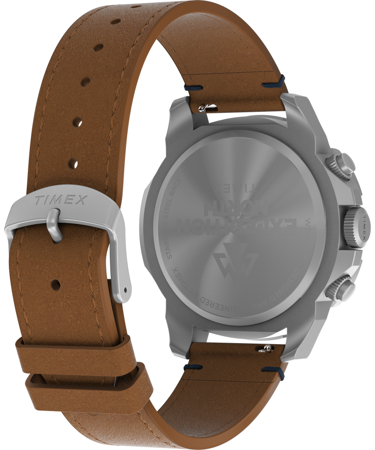 Wristwatch with a brown leather strap and silver-toned metal case.