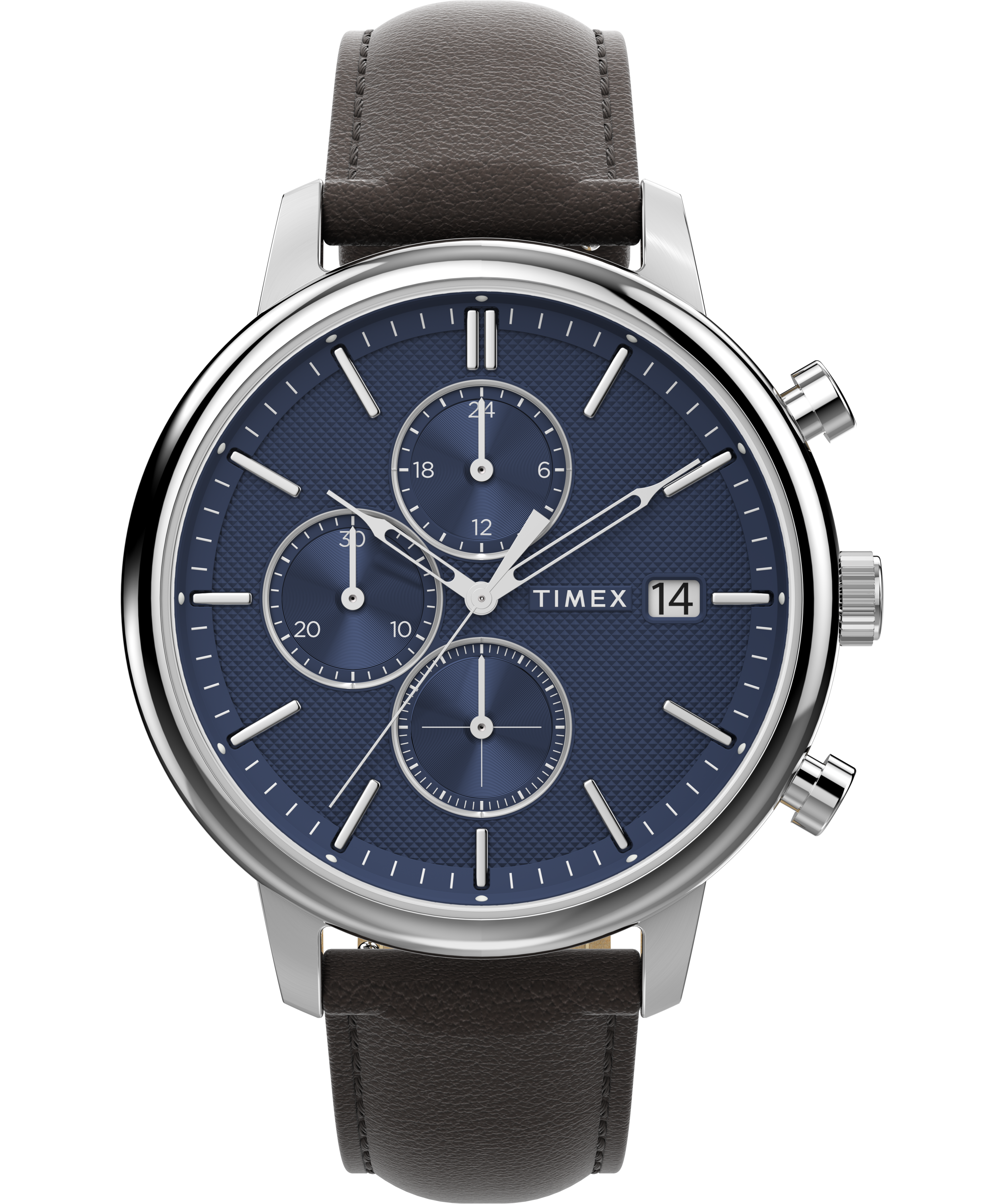 Timex Chicago Chrono 45mm Silver Tone Blue Dial Brown Leather Strap TW2W76200