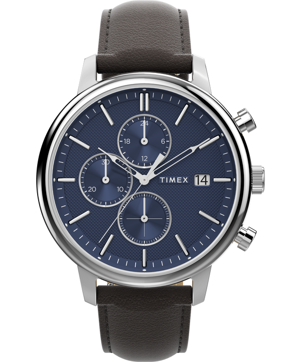 Timex Chicago Chrono 45mm Silver Tone Blue Dial Brown Leather Strap TW2W76200