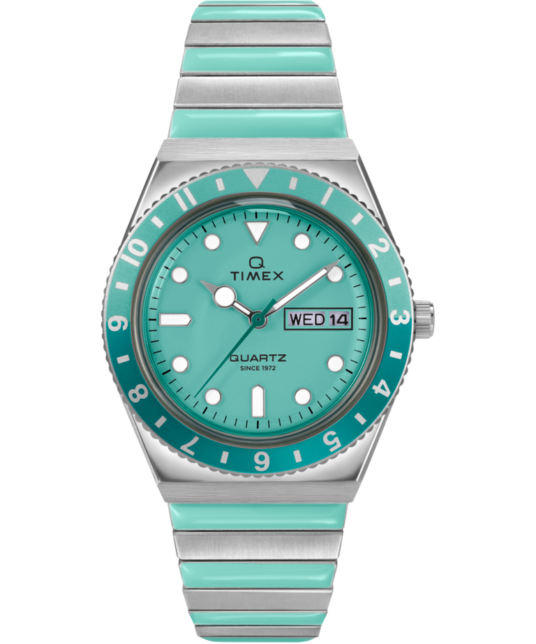 Timex Q Time 36mm Blue Stainless Steel Expansion Band Women's Watch TW2W87800