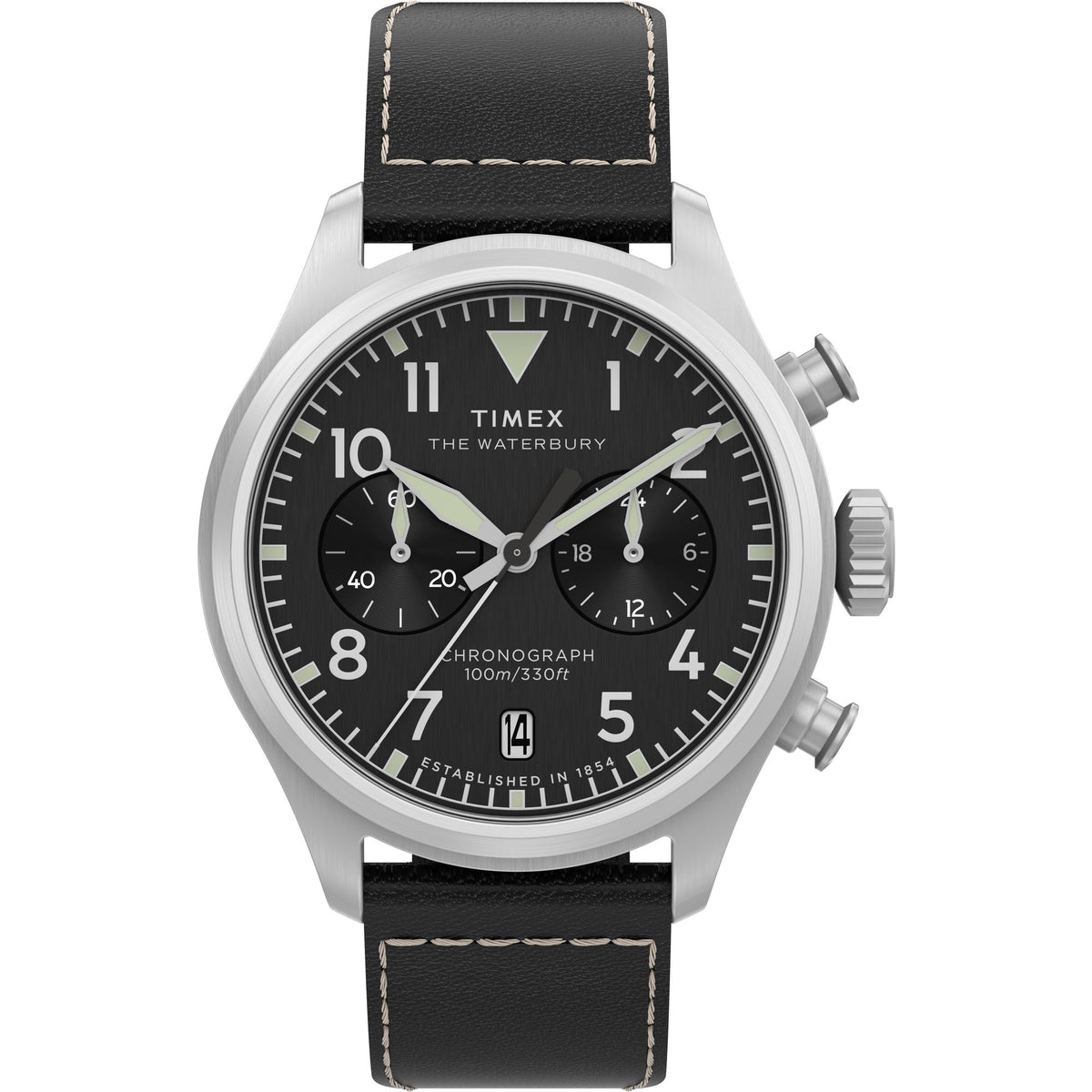Timex Waterbury Chronograph Black Dial and Leather Strap Watch TW2Y19000