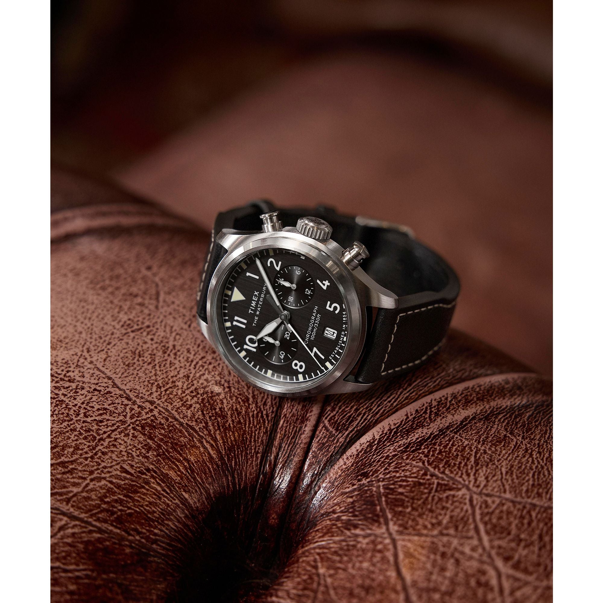 Timex Waterbury Chronograph Black Dial and Leather Strap Watch TW2Y19000