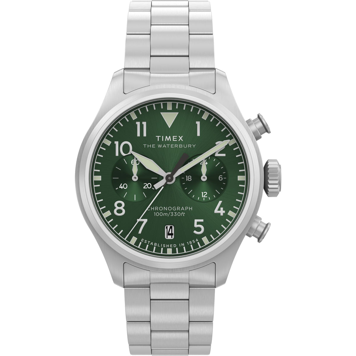 Timex Waterbury Chronograph Green Dial Stainless Steel Strap Watch TW2Y19100