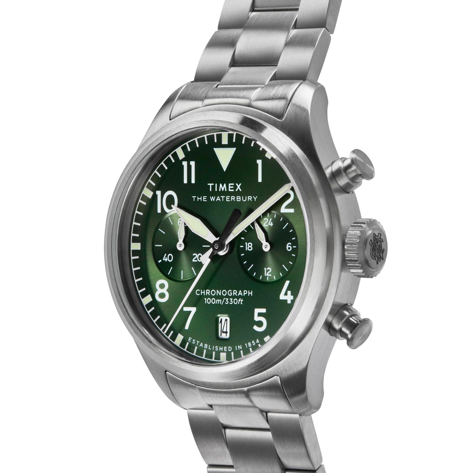 Timex Waterbury Chronograph Green Dial Stainless Steel Strap Watch TW2Y19100