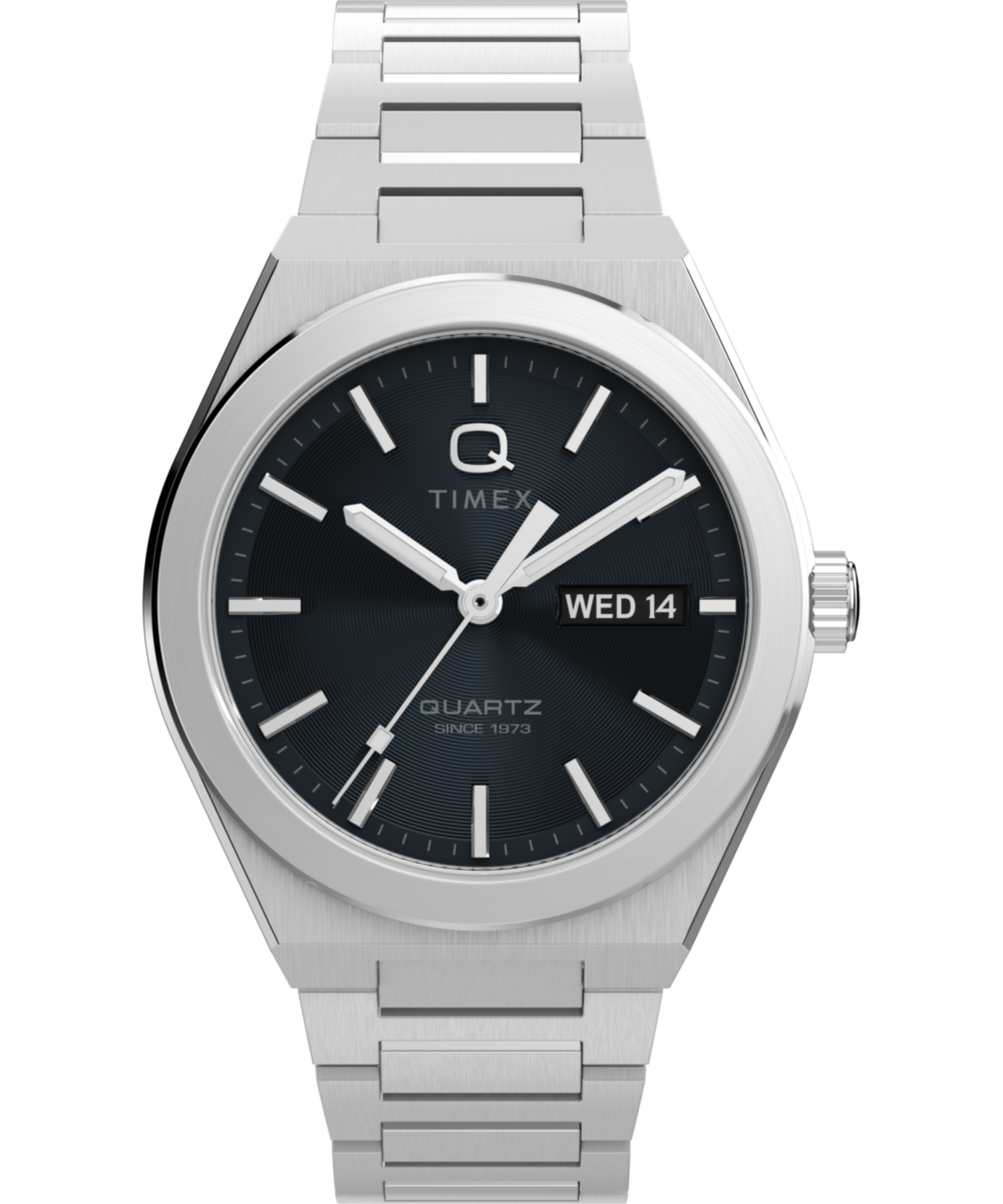 Timex Q Continental TW2Y25000 black radial-textured dial with day and date on a stainless steel bracelet