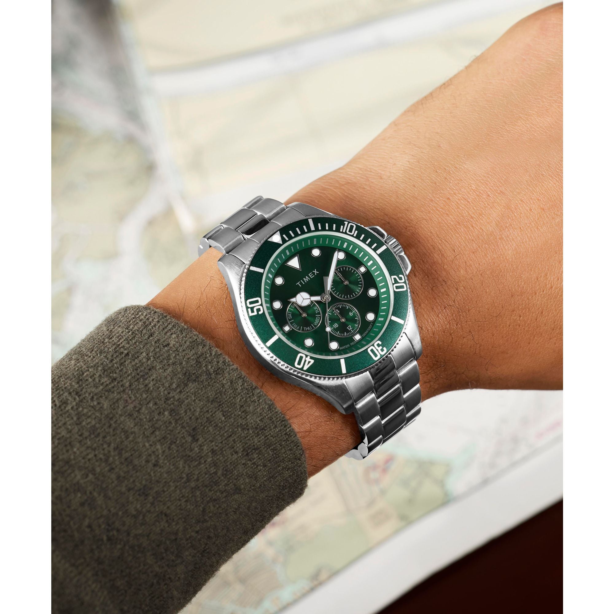 Timex Harbourside Chronograph Green Dial Stainless Steel Men's Watch TW2Y33200