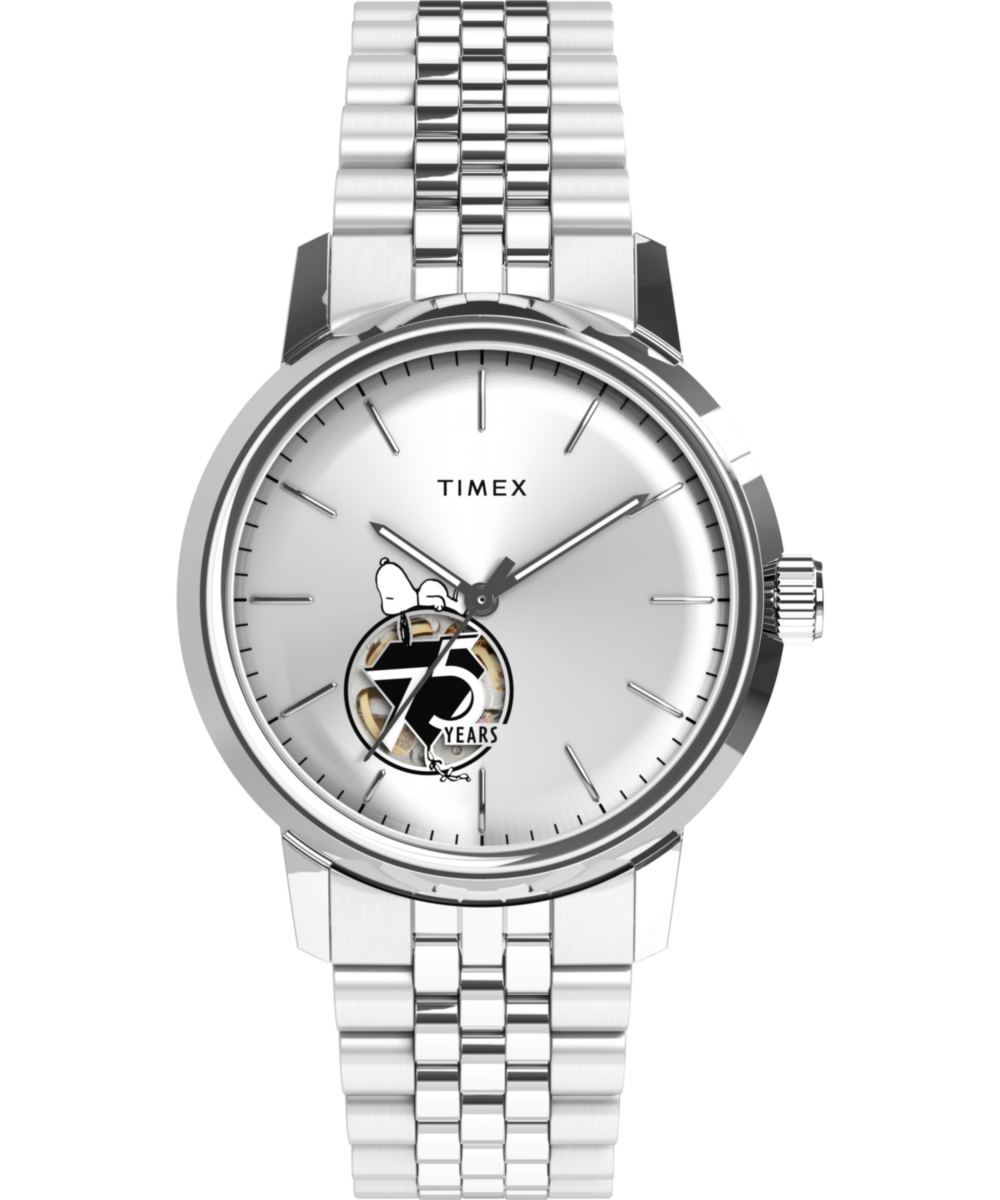 Timex x Peanuts Marlin Automatic 75th Anniversary TW2Y45000 silver sunray dial on a stainless steel bracelet