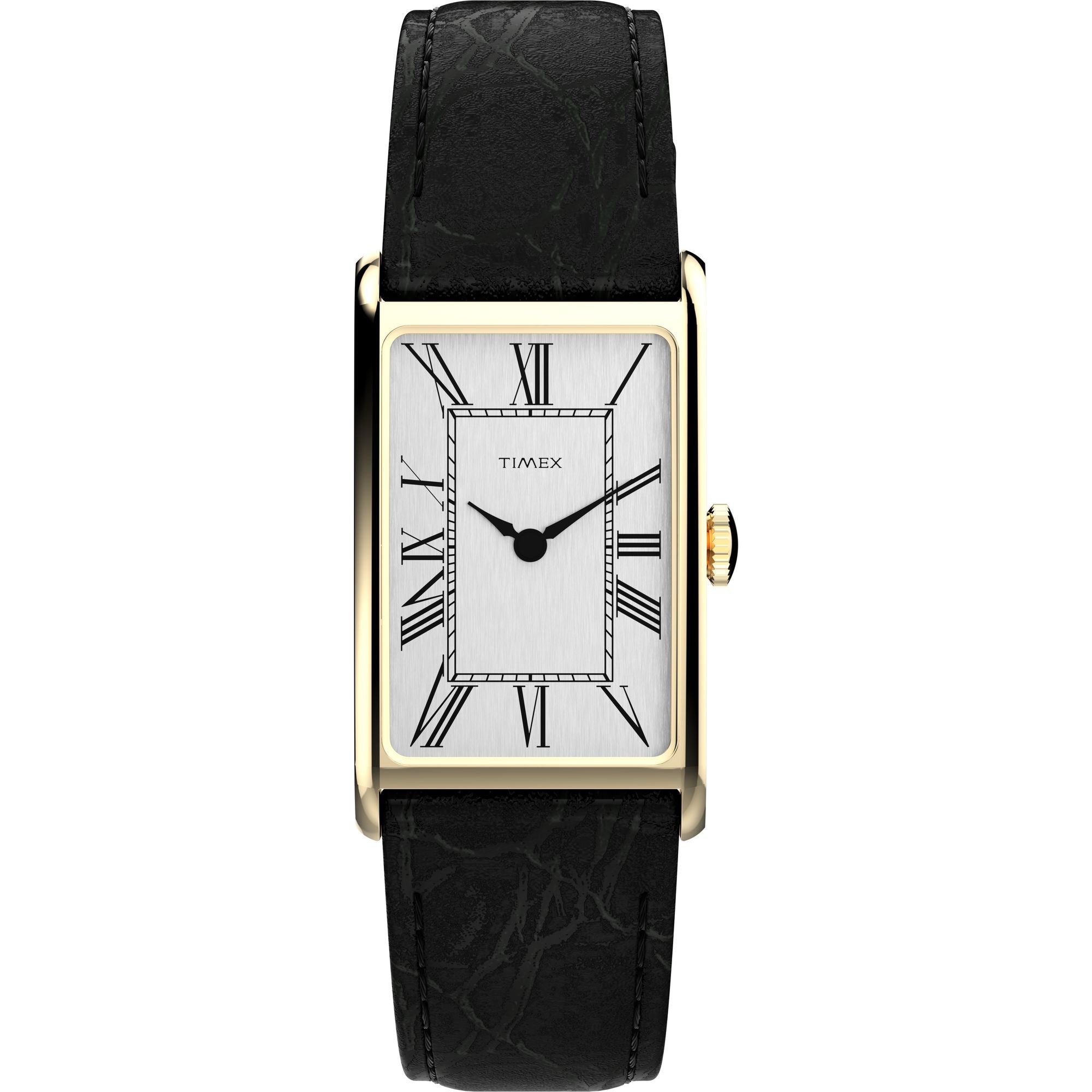 Timex Dress 1976 Reissue Gold Rectangle Black Leather Band Watch TW2Y56200