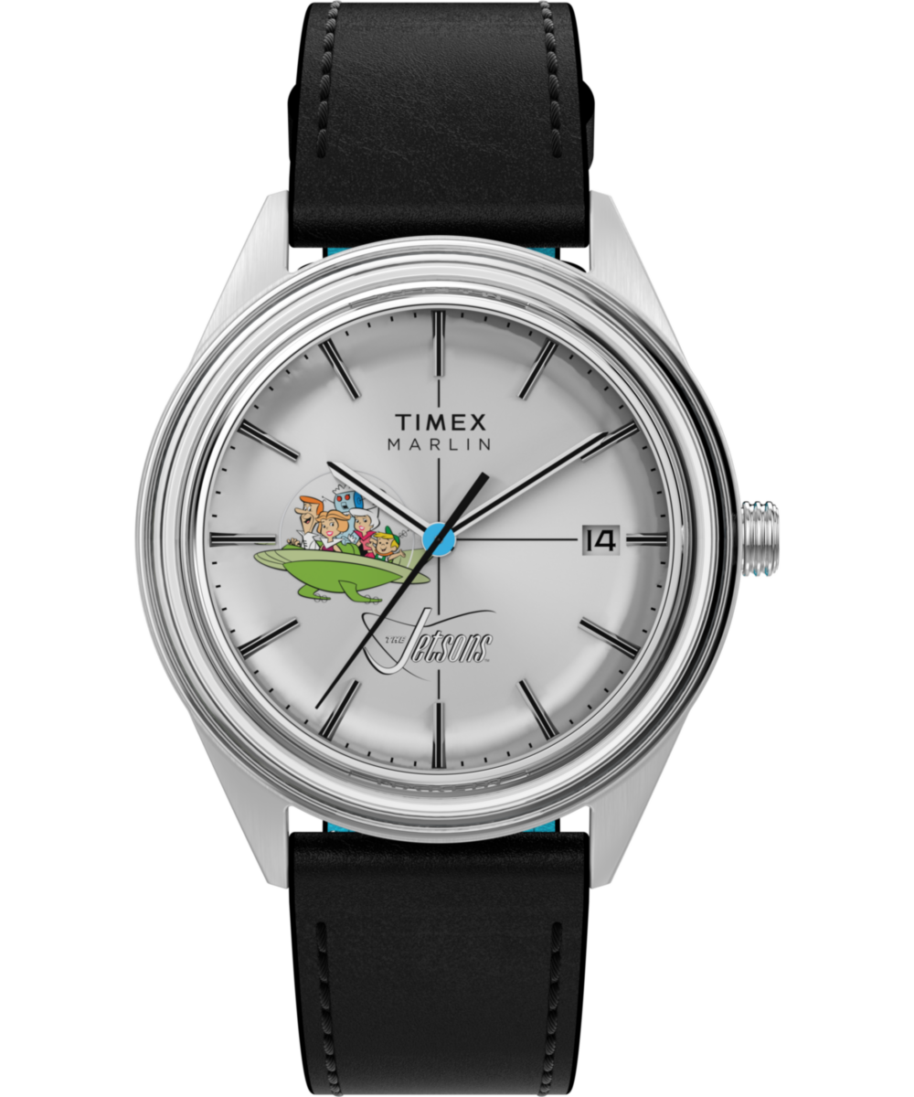 Timex x The Jetsons Marlin Jet Automatic TW2Y56300 silver crosshair dial on a black vegan leather strap