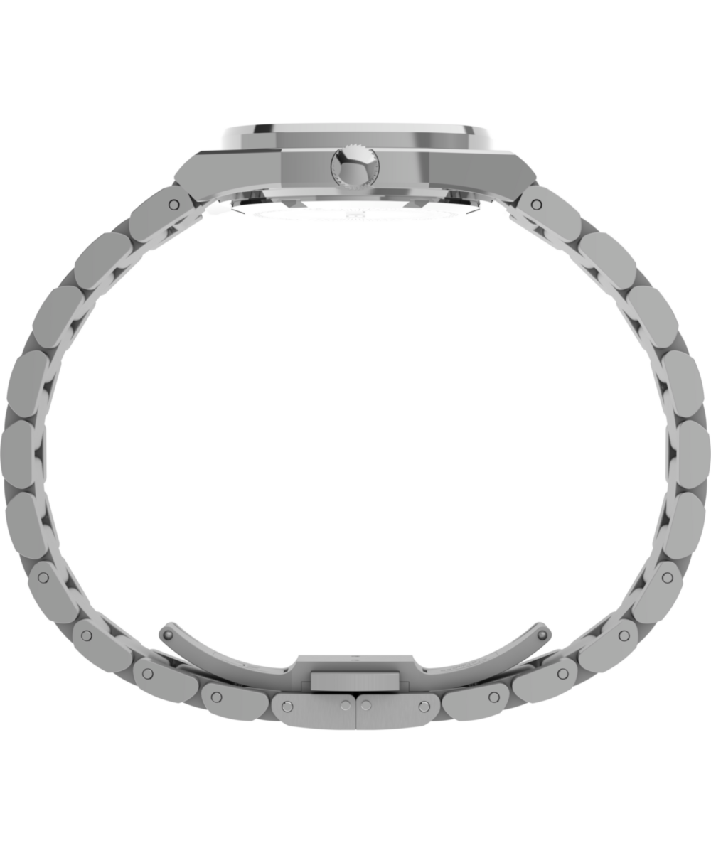 Angled view of the Timex E Line TW6A01000 rounded square silver-tone case and pink sunray dial