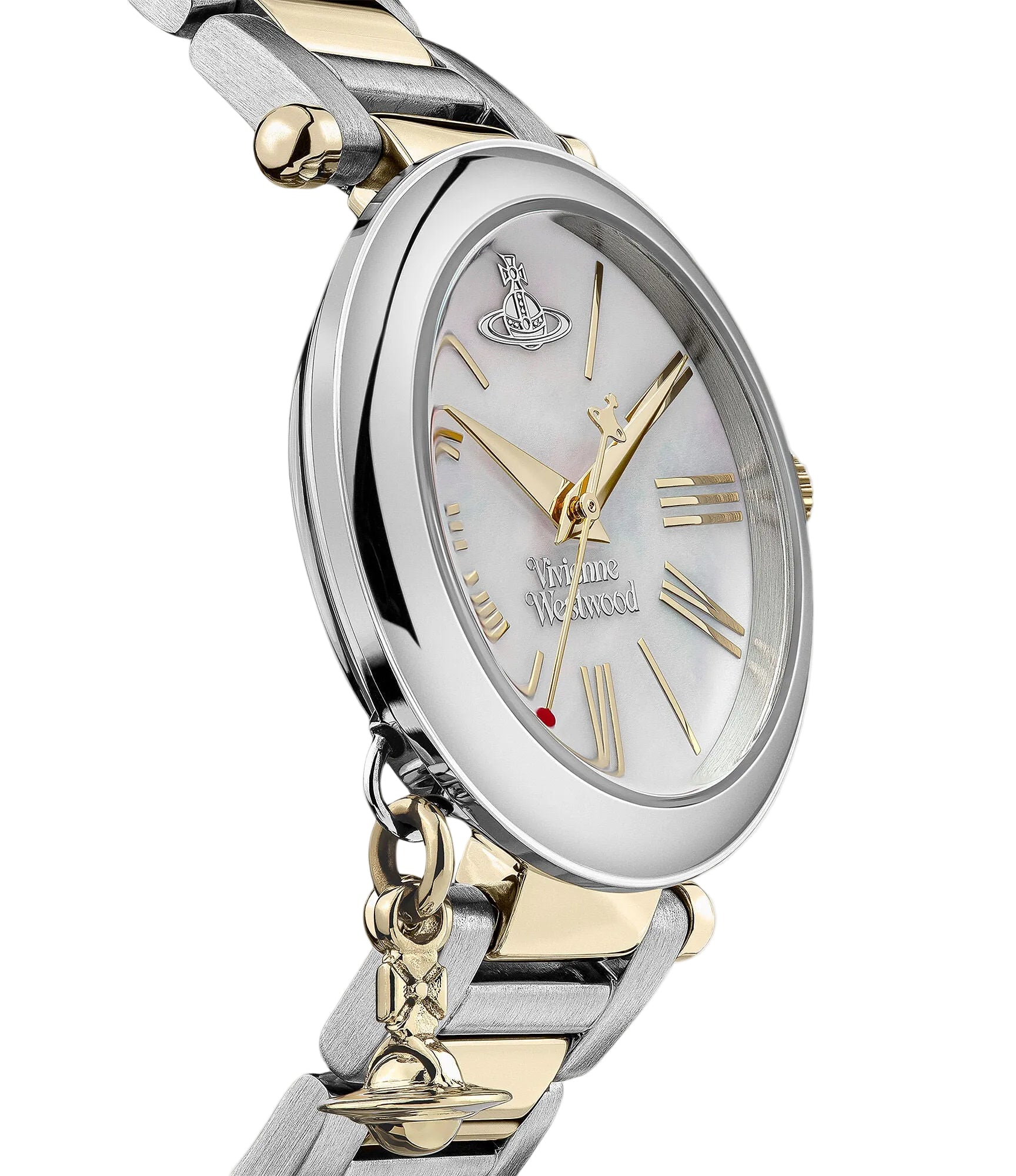 Vivienne Westwood Mother Orb women's watch with a mother of pearl dial and two tone stainless steel bracelet. Clasp and case back detail.