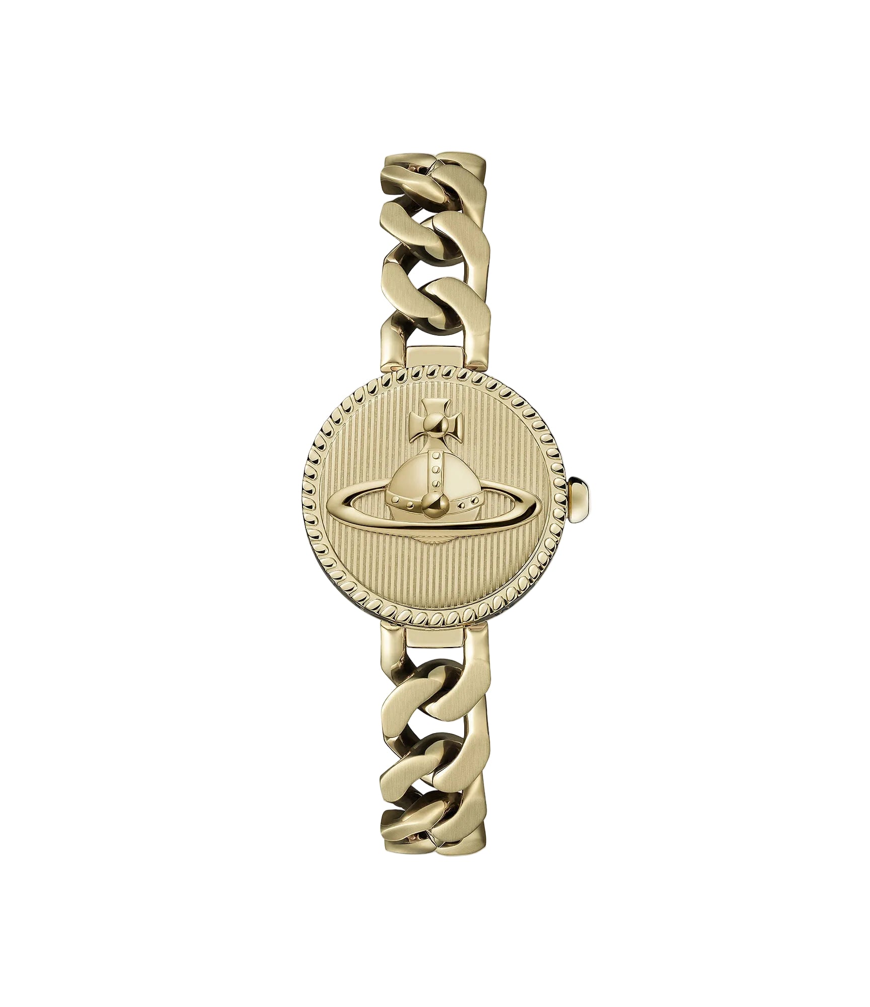 Vivienne Westwood Orb Button women's watch with a gold dial and gold stainless steel bracelet.